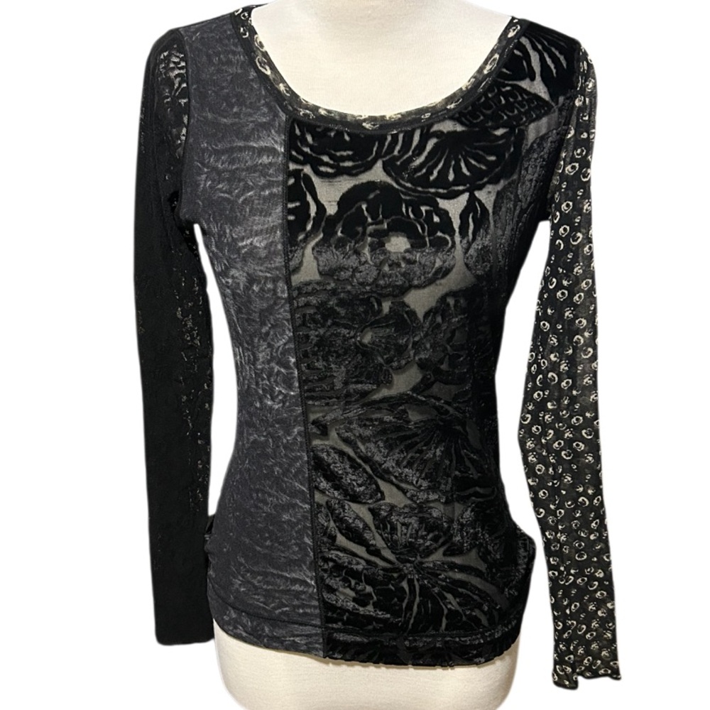 Jean Paul Gaultier Fuzzi Vintage Velvet Burnout Mesh Sheer Long Sleeve Top L